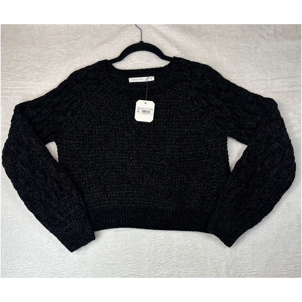 Altar'd State Chenille Sweater Womens Small Black Cropped Cable Knit NWT